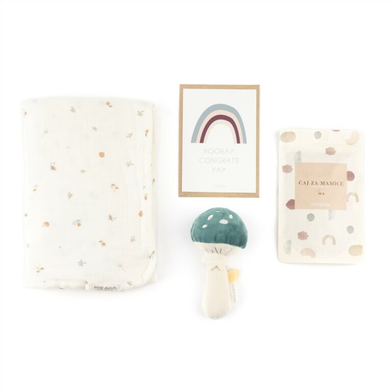 Objem gozda, darilni paket za mamico, darilo za novorojenčka, darilo ob rojstvu, darilo v porodnišnico, telegram ob rojstvu, voščilnica ob rojstvu, čestitka, odejica, ropotuljica, čaj za mamice, čaj za dojenje 1