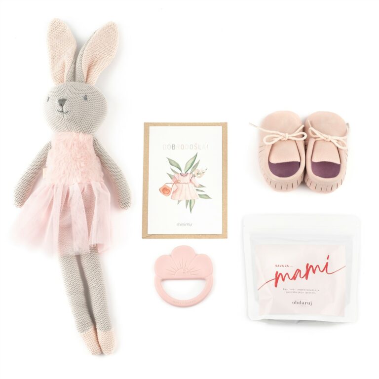 Rožnata baletka, darilni paket za mamico, darilo ob rojstvu, voščilnica, telegram ob rojstvu, darilo za novorojenčka, darilo v porodnišnico, čestitka, zajčica, copatki, mokasinke, telegram za punce, grizalo, kava